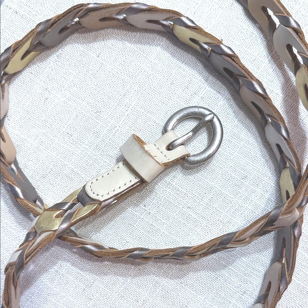 Leather braided belt cream, silver, gold mixed metals Large adjustable classic